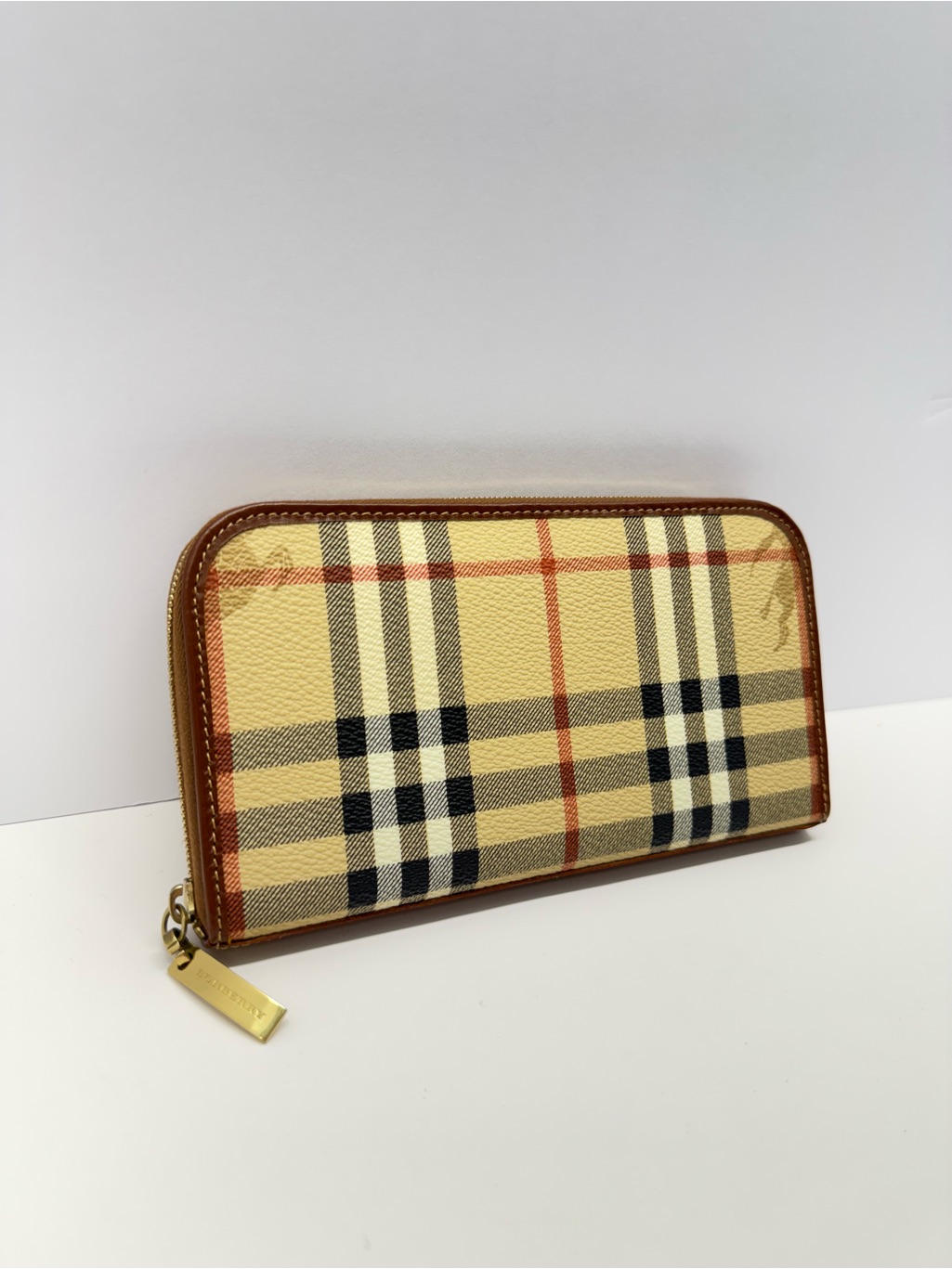 Burberry Beige Check Zip-Around Wallet With Brown Trim